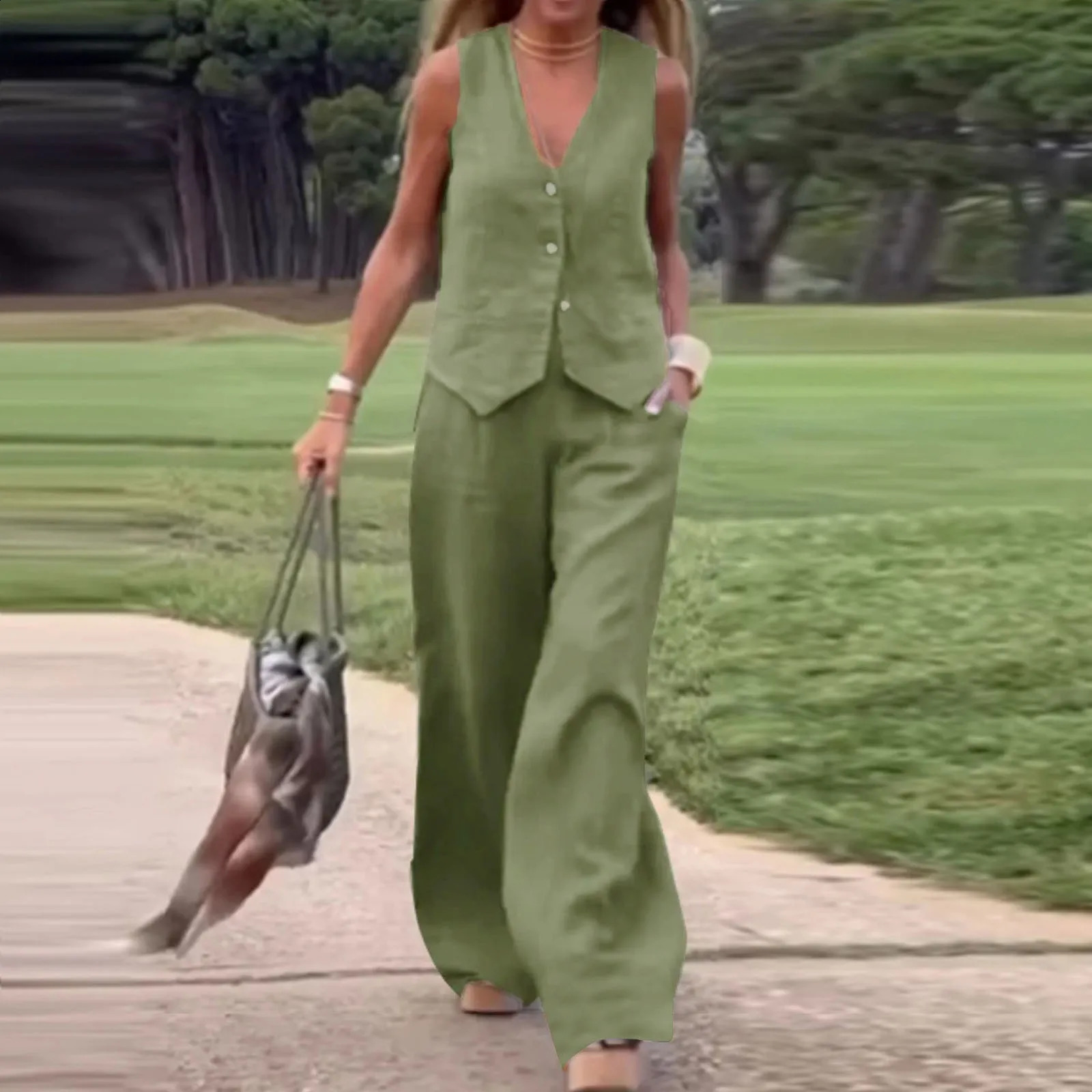 Casual solid 2-piece pants set elegant womens vest set sleeveless V-neck vest top fashionable pants set oversized matching set 240823