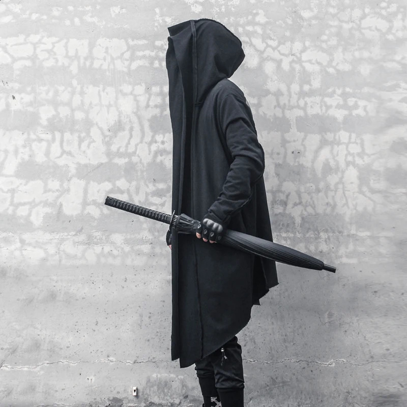 Back Cross-shaped Patchwork Gothic Punk Trench Coat Hooded Cloak Mens Hip Hop Vintage Long Jacket Cape 240822