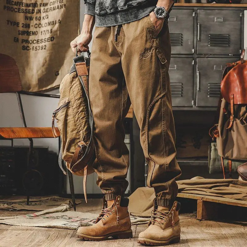 Spring and autumn solid color elastic waist handle pocket mens casual loose trend leggings commodity pants 240823
