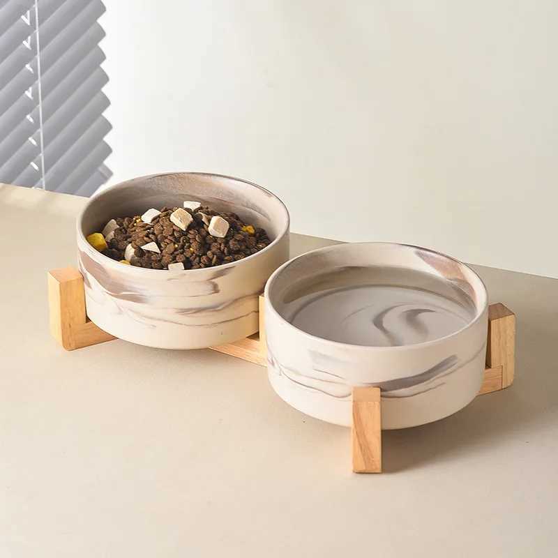 Marble ceramic cat and dog bowl with large dog feeding and dual feeding bowls equipped with wooden frame and pet dog accessories X240823