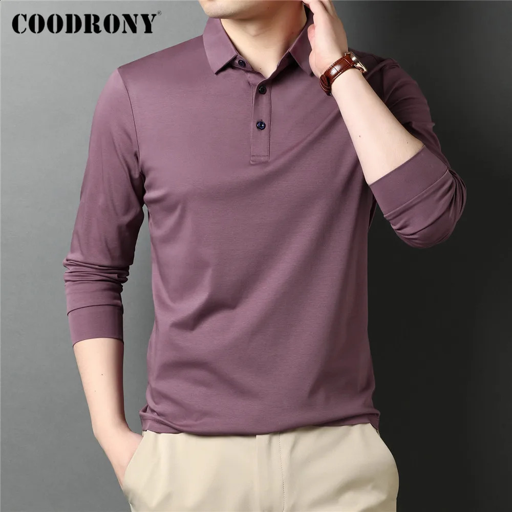 COODRONY Spring and Autumn highquality casual solid color 100% pure cotton long sleeved polo shirt mens top C5069 240823