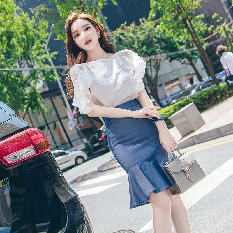 Elegant Fashion Harajuku Slim Fit Female Clothes Loose Casual All Match Cow Skirt Chiffon Short Sleeve Tops Two Piece Set 240823