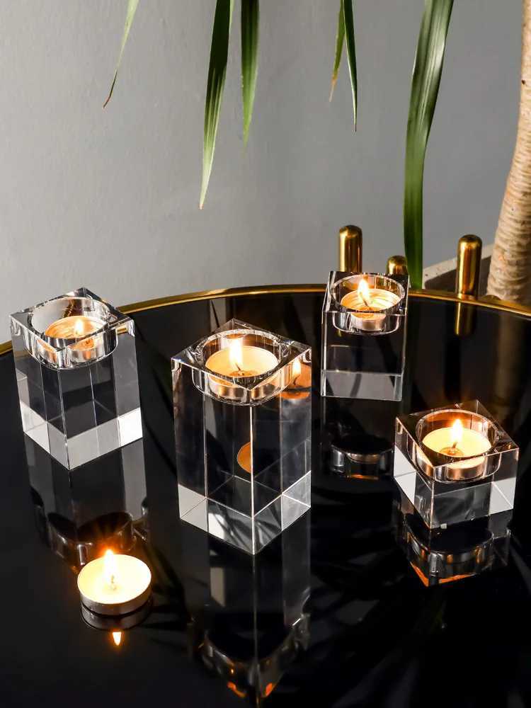4-20CM Fashion Candle Holders Solid Crystal Clear Square Glass Tealight Candlestick for Wedding Home Decor Hotel Supplies Y240823