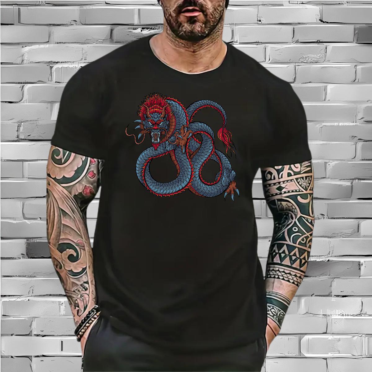 Cool T-Shirts for Men 230g Cotton dragon Hip Hop Street DIY Anime Breathable Crew Neck Tshirt for Man Woman 2024 New Tops