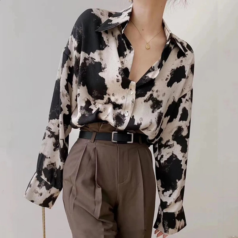 Denim print button womens spring plus size top Korean fashion clothing chiffon street long sleeved shirt 13486 w240824