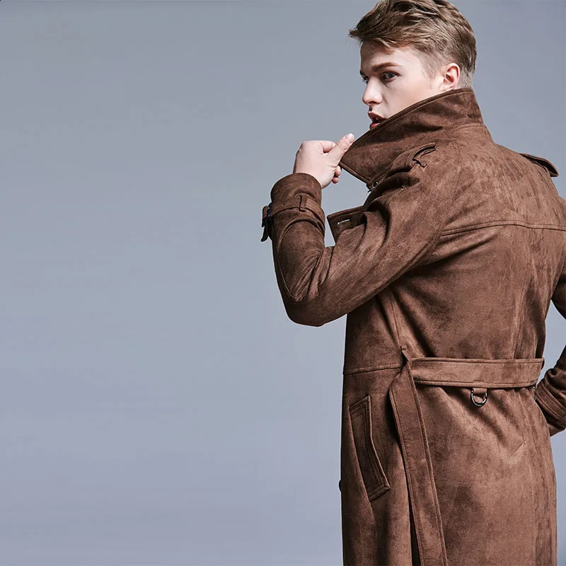Minimalist England Fashion Suede Trench Mens Double Breasted Slim Coat Men Solid Color Long Windbreaker 5XL 6XL Jacket 240822
