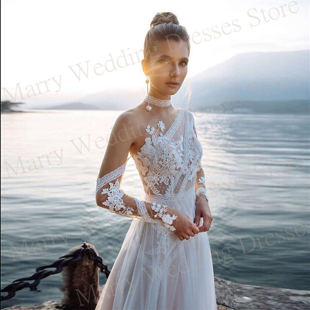 High Neck Boho Wedding Dresses Full Sleeve Appliques Lace A E Bride Gowns Tulle Or Length Custom Made Vestidos Novias Boda