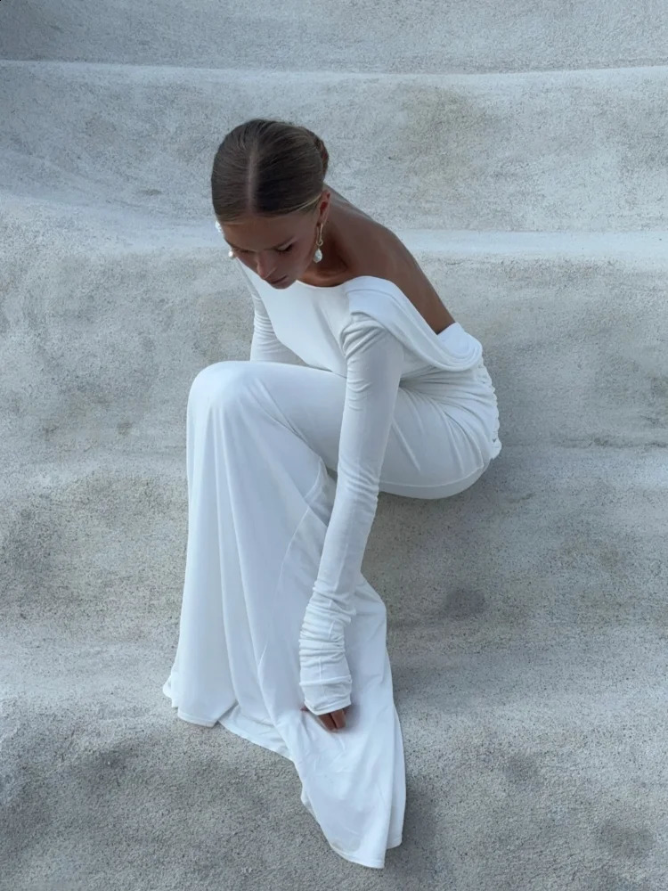 Women Sexy Long Sleeve Backless Slim Fit Evening Gowns Summer Round Neck Bodycon Elegant Maxi Dress Female Beach Party Robe 240823