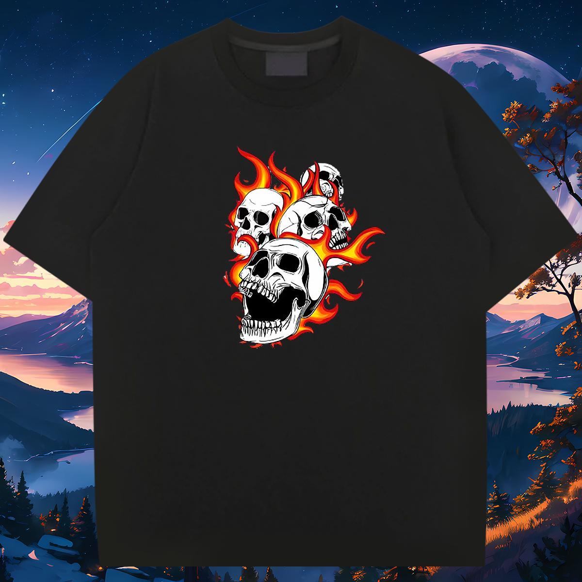 Cool Mens T Shirts 230g 100% Cotton skull Spring Summer Cartoon Print O Neck Short Sleeves Men Tshirts Fashion New Tops