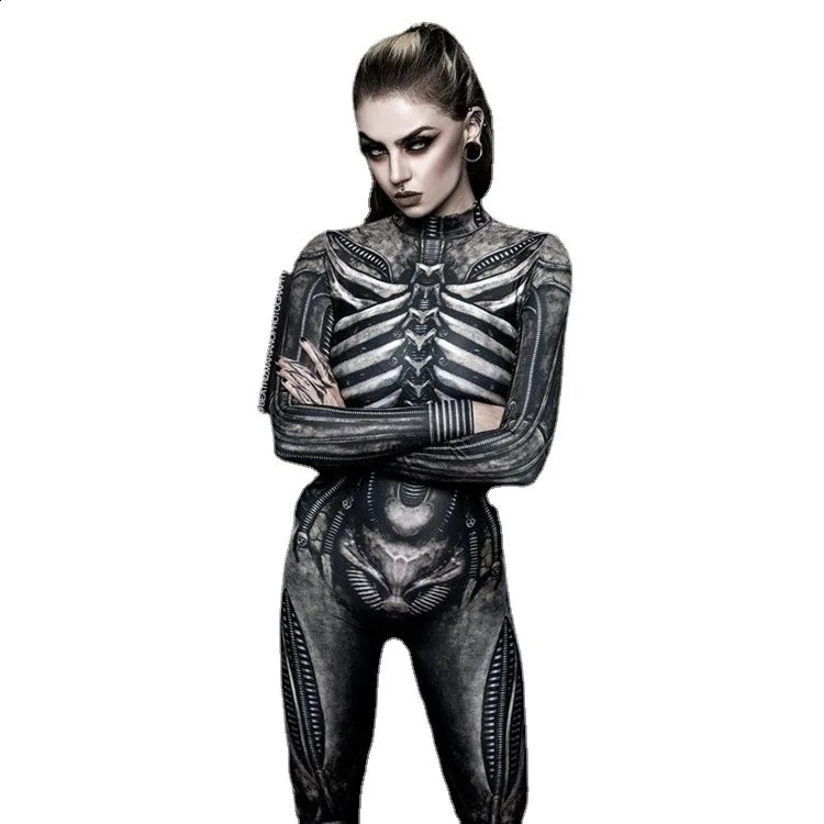 Womens clothing long sleeved 3D printed Halloween carnival horror human skeleton roleplaying tight jumpsuit Zentai fitting 240823