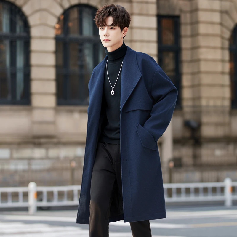 Autumn Korean style Unique twill pattern woolen trench men casual loose long section Windbreaker for men coat jacket M-3XL 240822