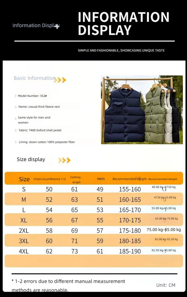 Four season mens cotton camping hiking and fishing vest jacket sleeveless down casual 240822