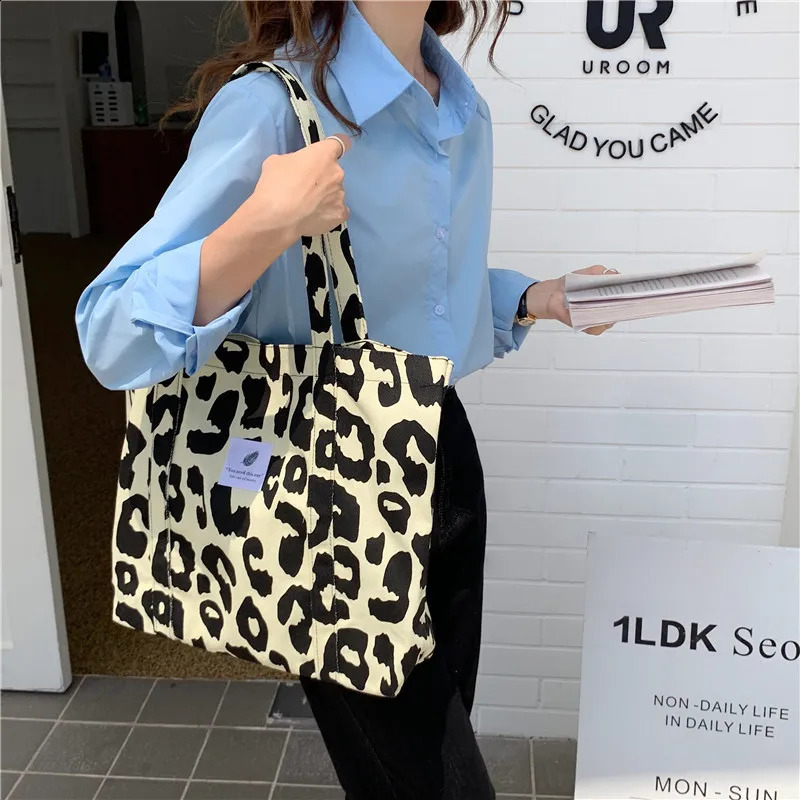 Canvas Checkerboard Bag For Women Casual Plaid Tote Shoulder Bags Leopard Print Large Handbags Female Travel Shopping School Bag 240822
