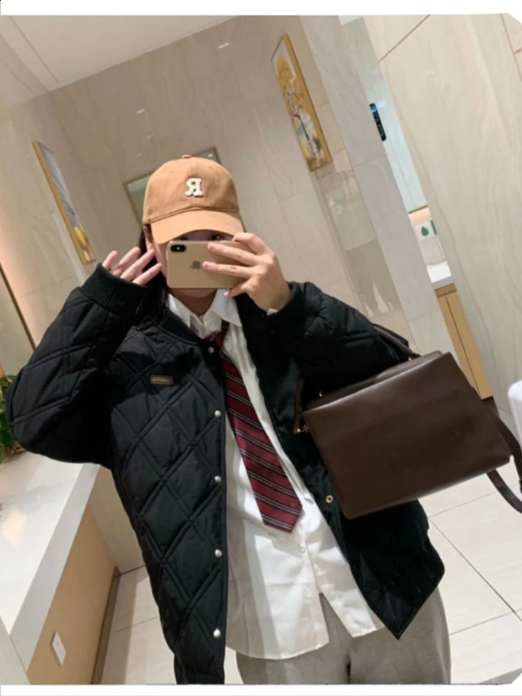 Lightweight cotton coat womens bedding with diamond checkered inlay and loose Parka Korean winter casual jacket couple unisex top 240822