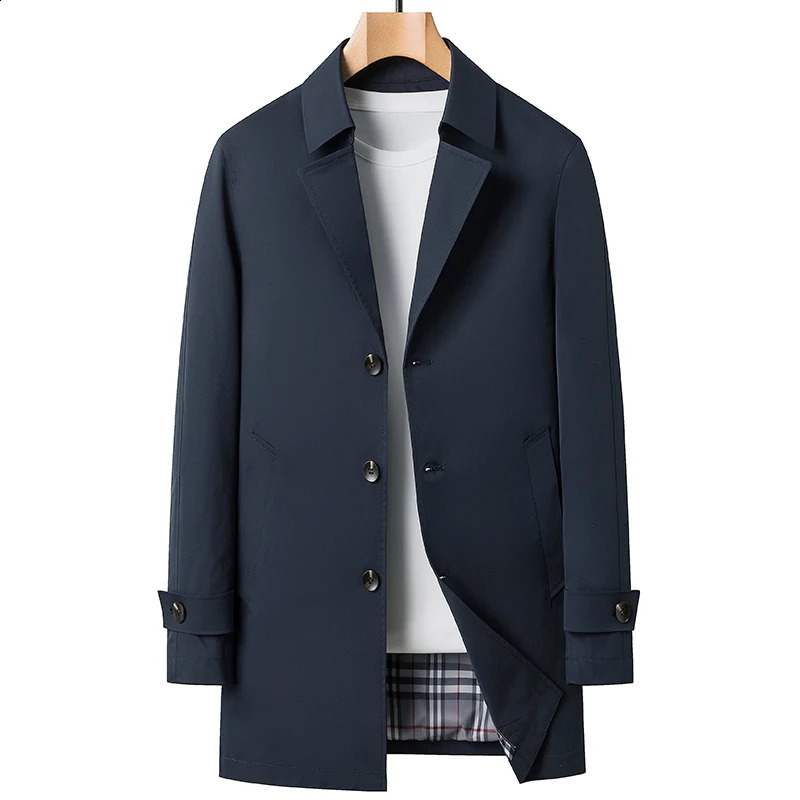 Business Casual Windbreaker Mens Spring And Autumn Solid Mid Length Coats Outerwear Loose Trench Jacket Lapel Top Overcoat 240822