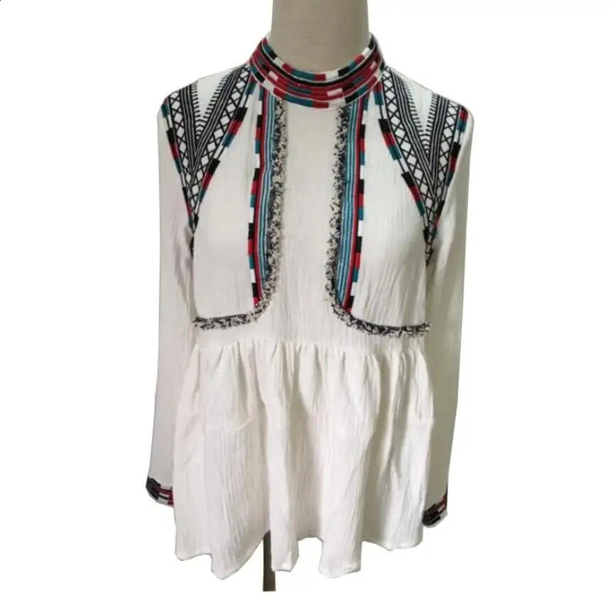 Ethnic embroidery shirt for women spring and autumn standing collar long sleeved casual top S1111 240822