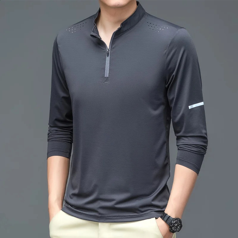mens casual business Tshirt long sleeved solid color loose elastic top quick drying silk stand up collar style 240823