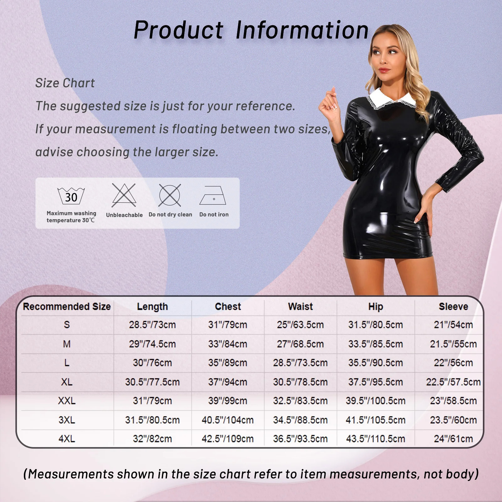 Womens Glossy Patent Leather Latex Mini Dress Long Sleeve Satin Collar Back Zipper Bodycon Dress Sexy Maid Cosplay Costume 240823