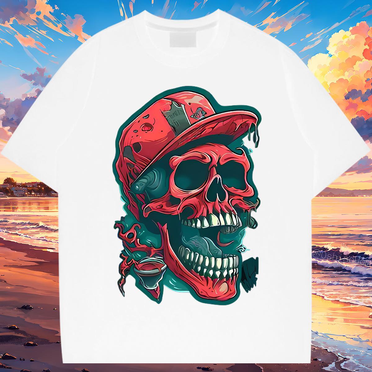 TOP Quality T Shirt For Man 230g Pure Cotton skull Beach DIY Printed Breathable Men Clothes T-Shirt 2024 Clothings