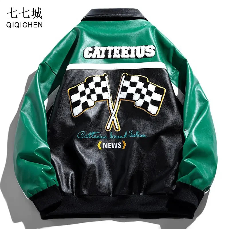 Mens PU Leather Motorcycle Jacket Hip Hop Flocked Embroidery Windproof Bomber Jackets Fashion Oversize Coat Couple Streetwear 240822
