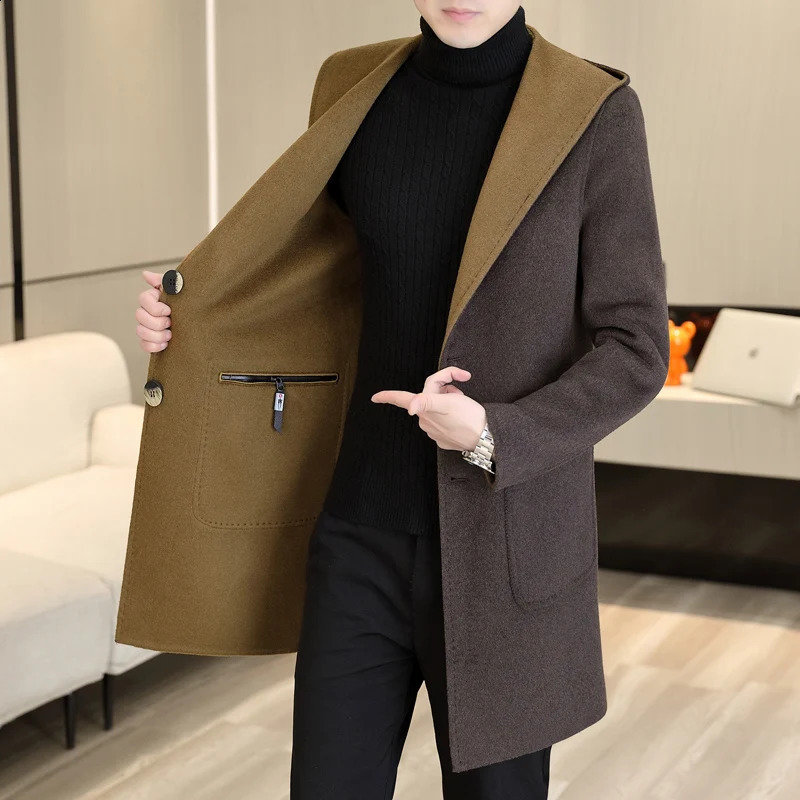 Business Casual Mens Solid Hooded Woolen Coats Autumn Winter Loose Wool Overcoat Outwear Mid-Length Windbreaker Top Jacket 240822