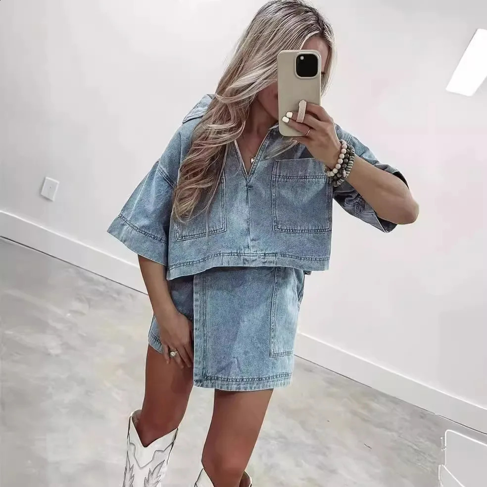 Two Piece Sets Women Cow Outfits Casual Shirt Polo Neck Pockets Spliced Shorts Skirt Irregular Suits Summer Female Ensemble 240823