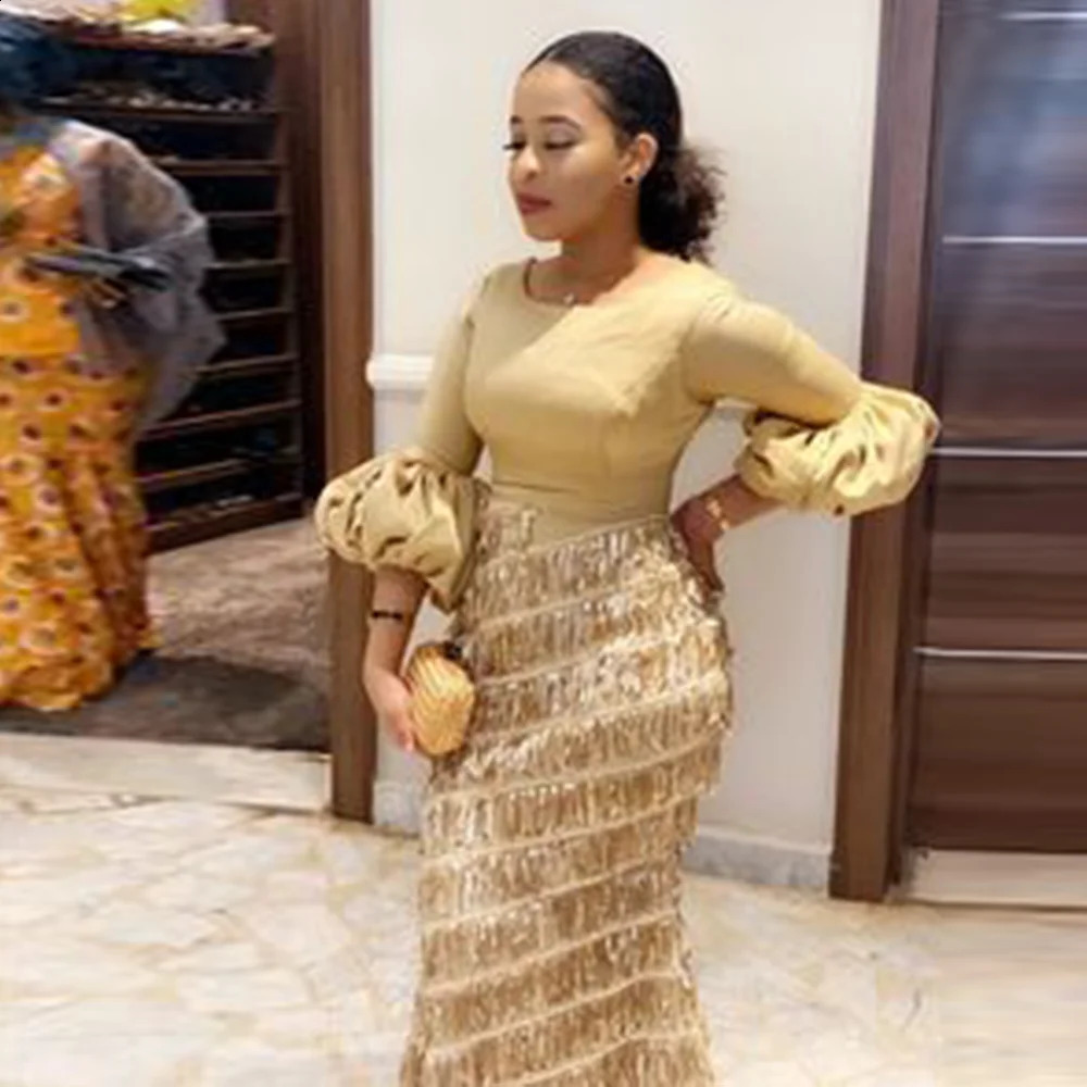 Womens Party Dresses Round Neck Lantern Long Sleeve Tassel Slim Gold Dress Autumn Ladies Elegant Evening Clothes 240823
