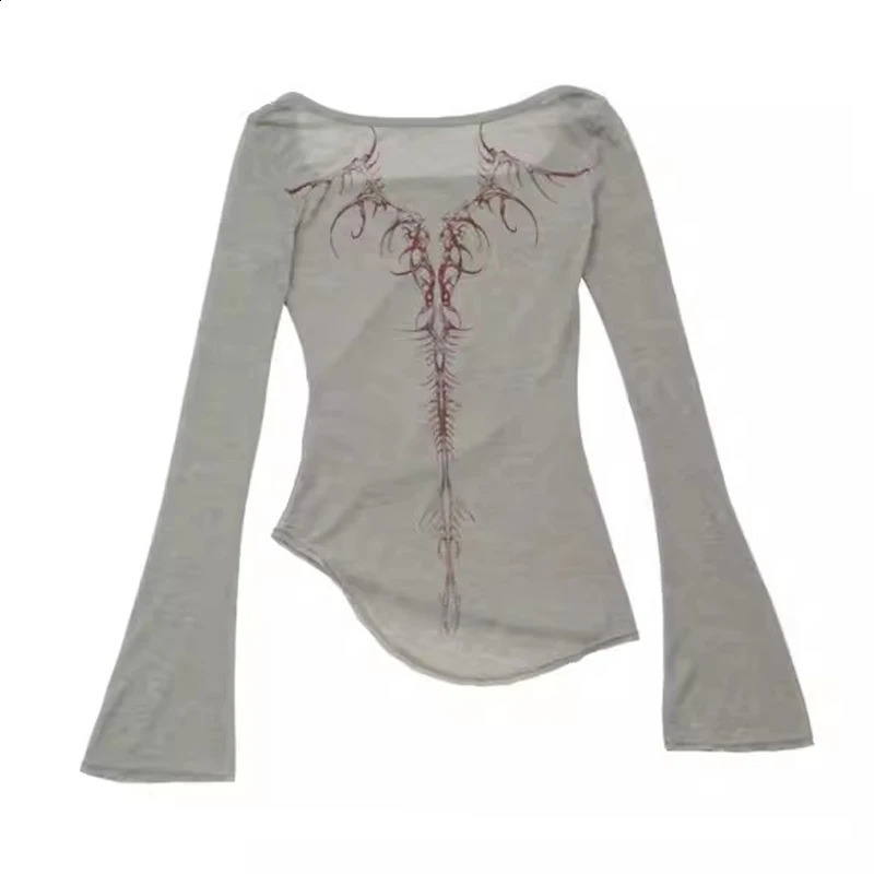 90s Vintage Emo Clothes Grunge Aesthetics Knitted Tops Vintage Tattoo Print T-shirt Punk Gothic Y2k Streetwear 240822