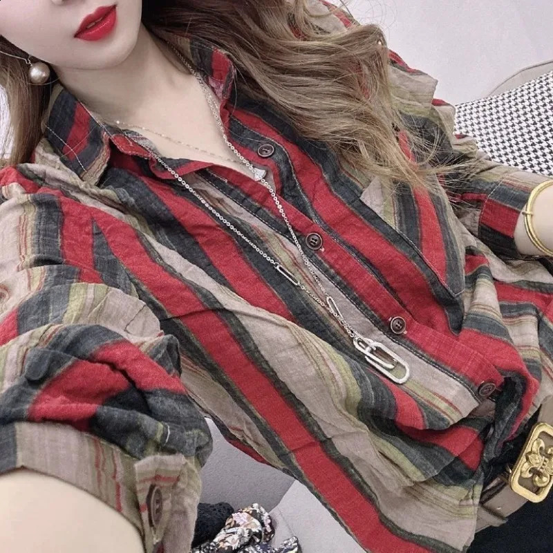 Korean Commute Spring and Autumn Shirts Womens Spliced Polo Neck Button Striped Loose All-match Long Sleeve Shirt Tops 240823