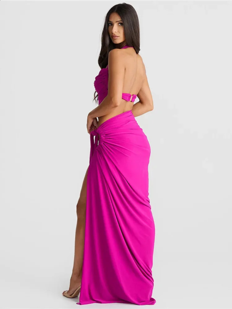 Fashion Sexy Skirt Two Piece Sets Women Halter Crop Top And Maxi Skirt Femme Club Party Split Skirt Two Piece Sets 240823