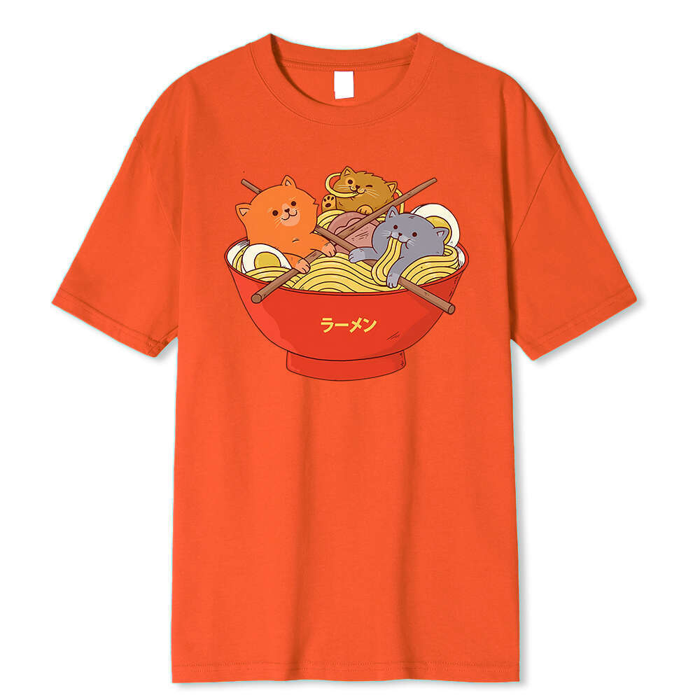 Japanese Style Cute Cats In Noodies Bowl Printed T Shirts Men Breathable Loose Clothing Casual Tshirt Fashion Cotton Tees