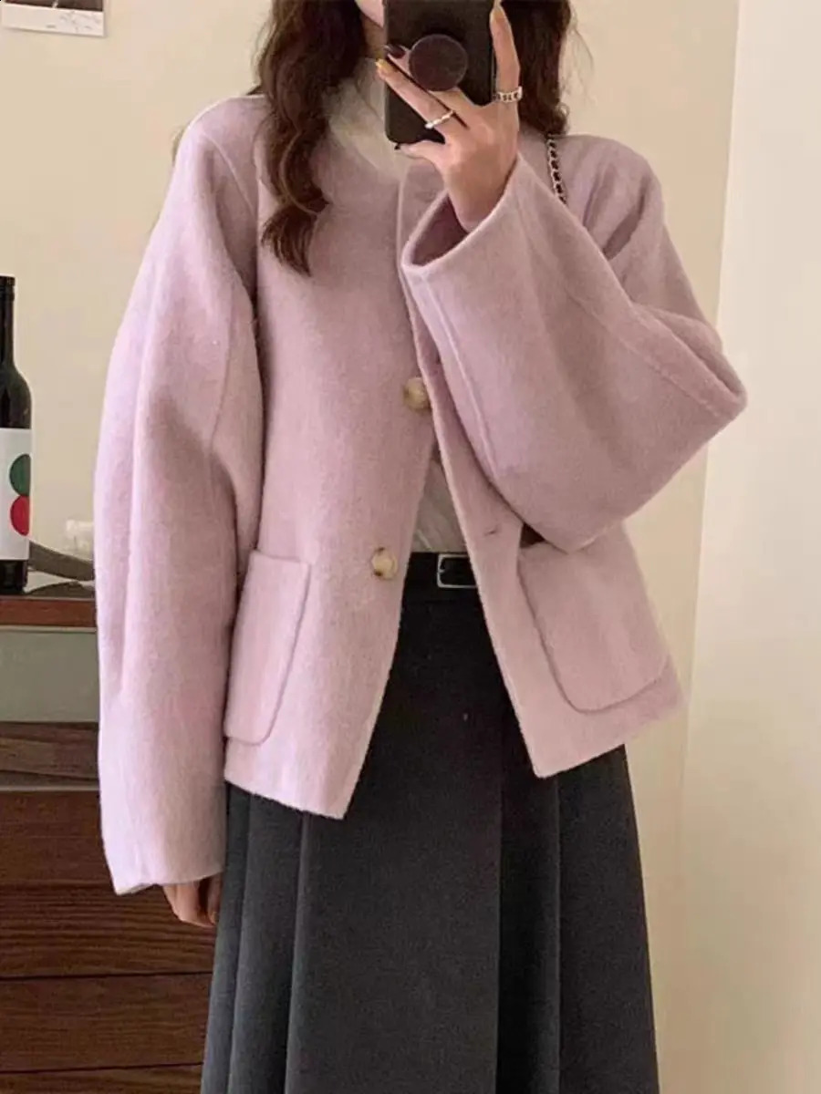 Autumn Winter Single-breasted Double-sided Coat for Women Short O Neck Loose Ladies Woolen Jacket 240822