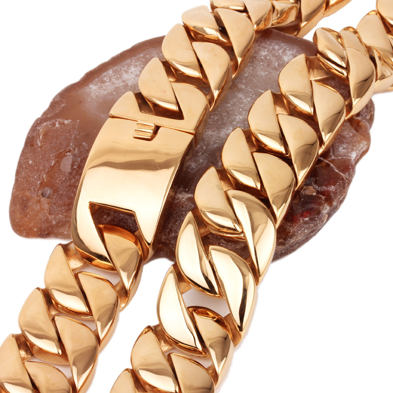 32mm Hip Hop Solid Stainless Steel Miami Cuban Chain Necklace 18K Real Gold Plated Mens Heavy Jewelry