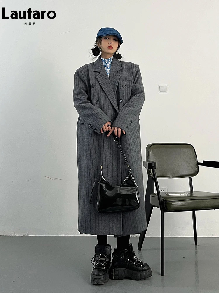 Lautaro Autumn Winter Long Loose Casual Stylish Striped Woolen Coat Women Double Breasted British Style Fashion Overcoat 240822
