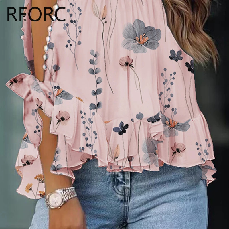 Womens pleated hem long sleeved round neck Allover printed rhinestone decorative sleeves vacation shirt top 240822