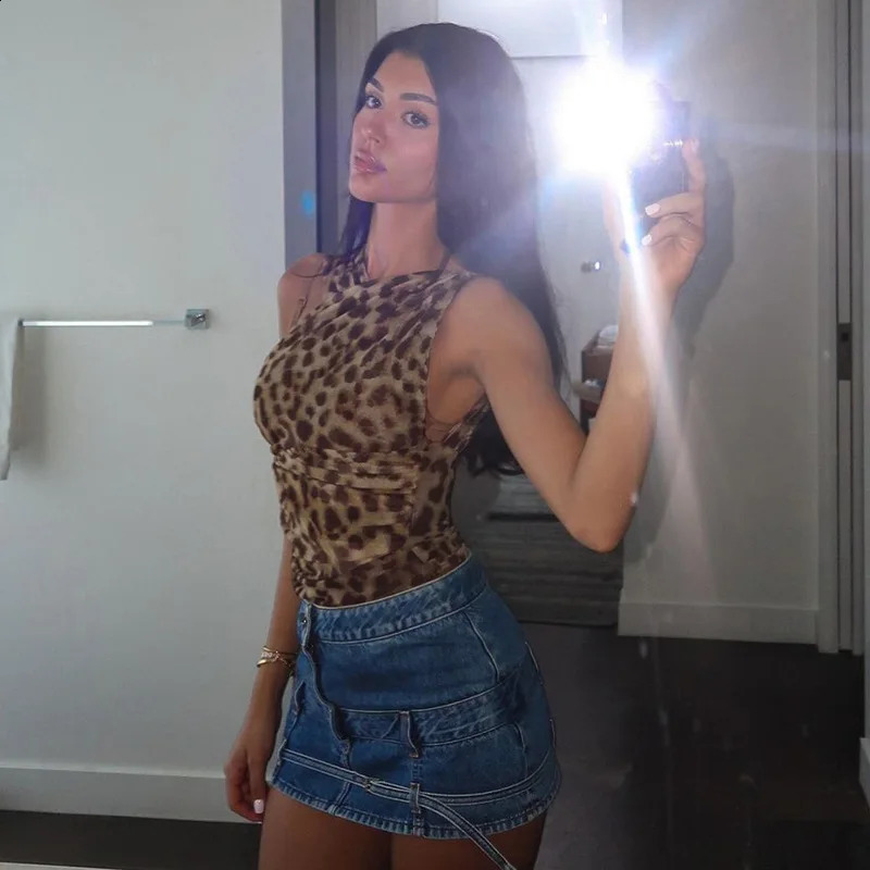 Sexy Elegant Women Leopard Print Slim Bodysuits Backless Skinny Ruched Asymmetrical Tops Outfits One Piece Teddy Mesh Jumpsuit 240822