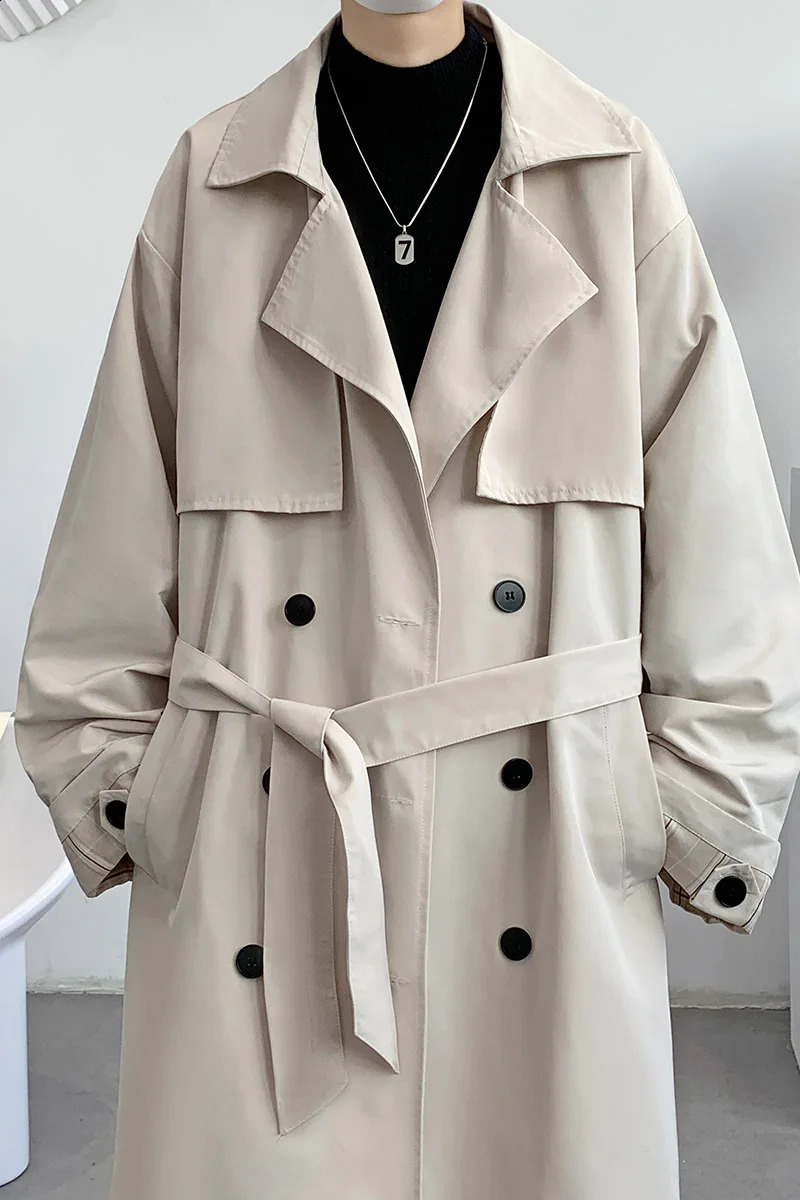 Spring Autumn Long Oversized Khaki Black Trench Coat Men Sashes Double Breasted Loose Casual Korean Fashion Windbreaker 240822