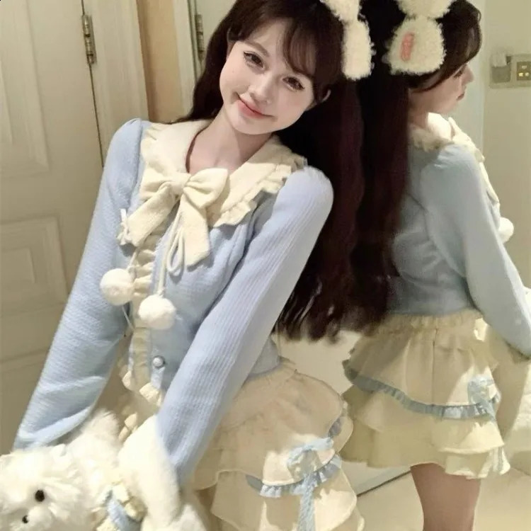 Sweet Cute Bow Peter Pan Collar Long Sleeve Tops Women Y2k High Waist Ruched Skirts Spring Autumn Two Piece Sets 240823