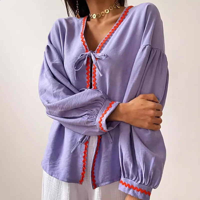 Autumn Fashion Lantern Long Sleeve Shirt Elegant Womens Vneck Lace Bow Top Spring Comparison Printed Loose Street 240822