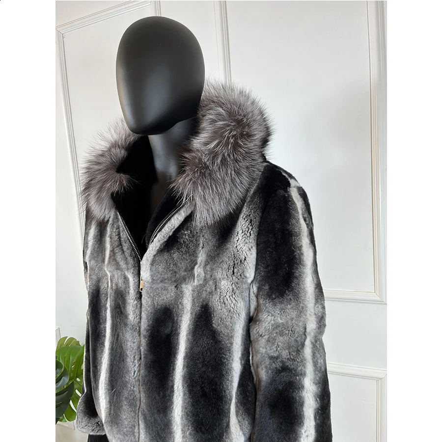 Chinchilla Fur Coats Real Rex Rabbit Fur Hooded Jacket With Natural Fox Fur Collar Real Fur Jackets 240823