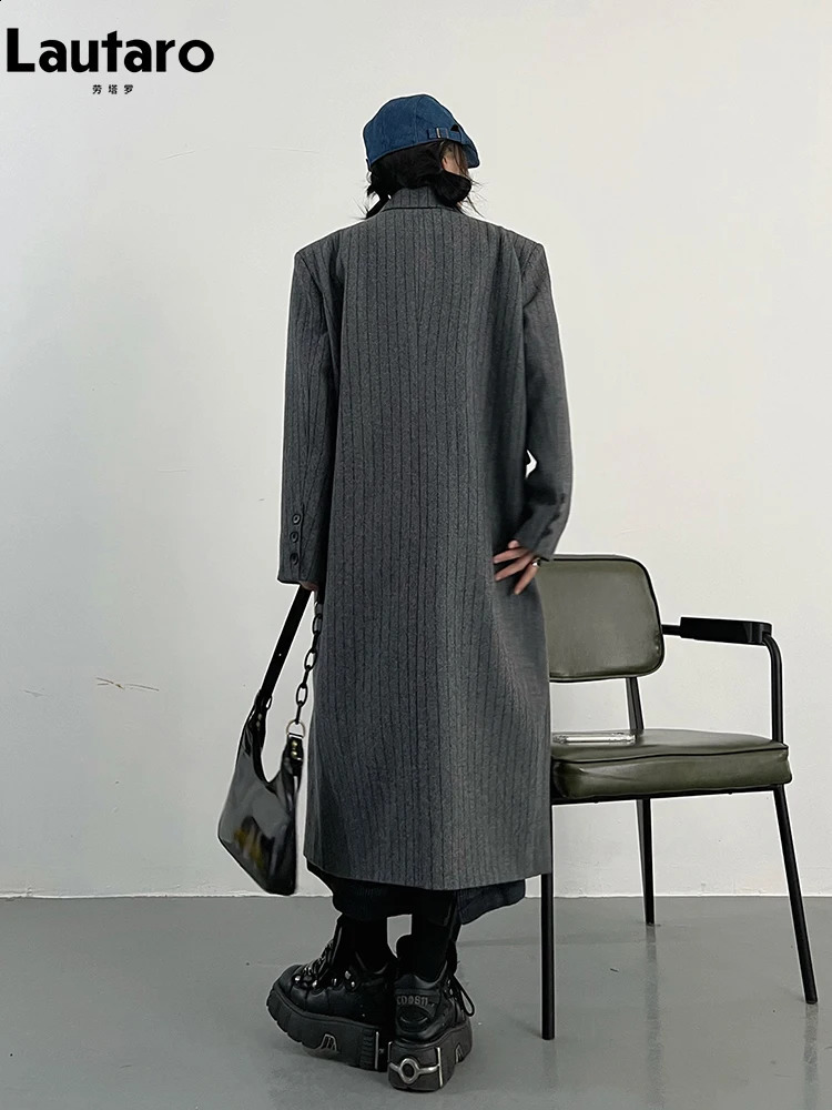 Lautaro Autumn Winter Long Loose Casual Stylish Striped Woolen Coat Women Double Breasted British Style Fashion Overcoat 240822