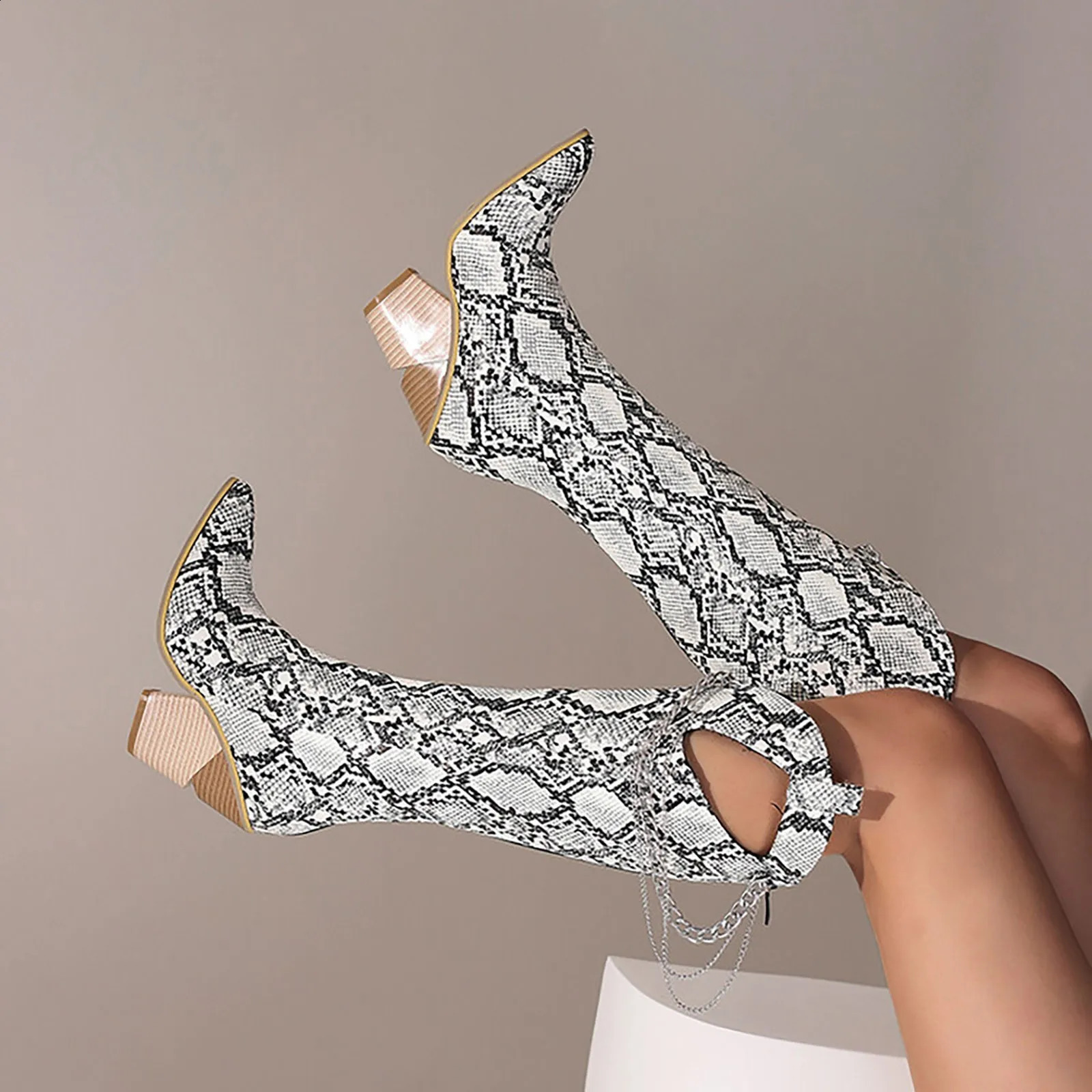 Beautiful Print Western Knee High Boots Calf Chunky Women Chunky Stacked Heel Point Toe Boots Womens Leather Knee High Boots 240823