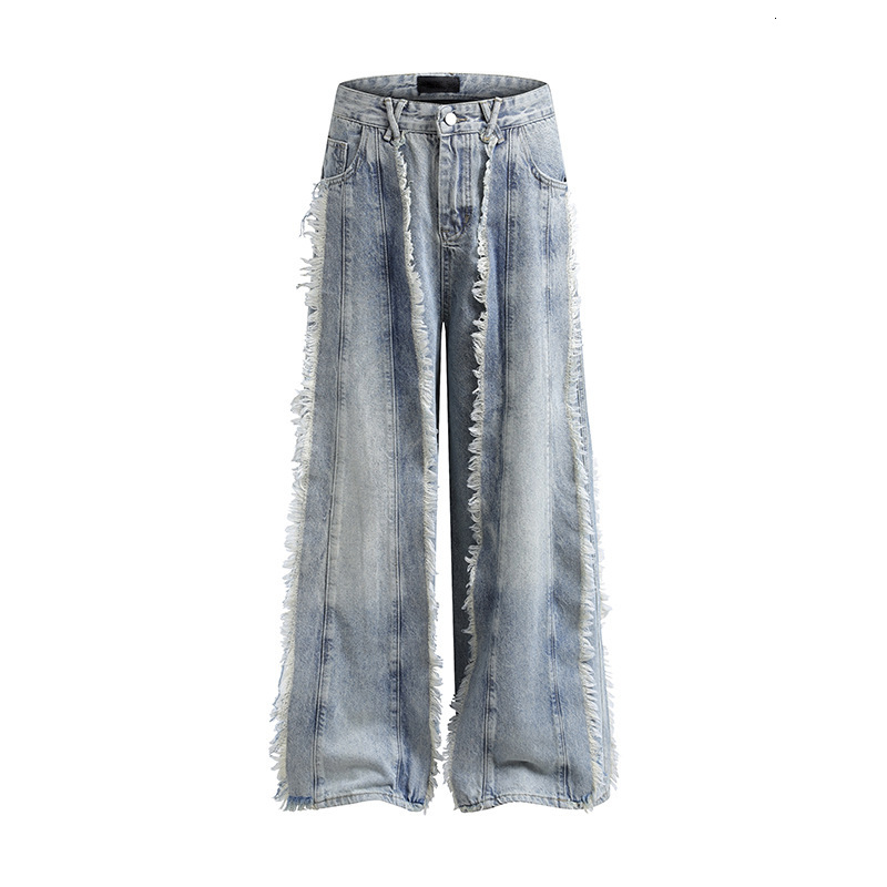 American Style Wasteland Style Su Patchwork Design Jeans for Men in Spring and Autumn Loose Wide Leg Long Pants