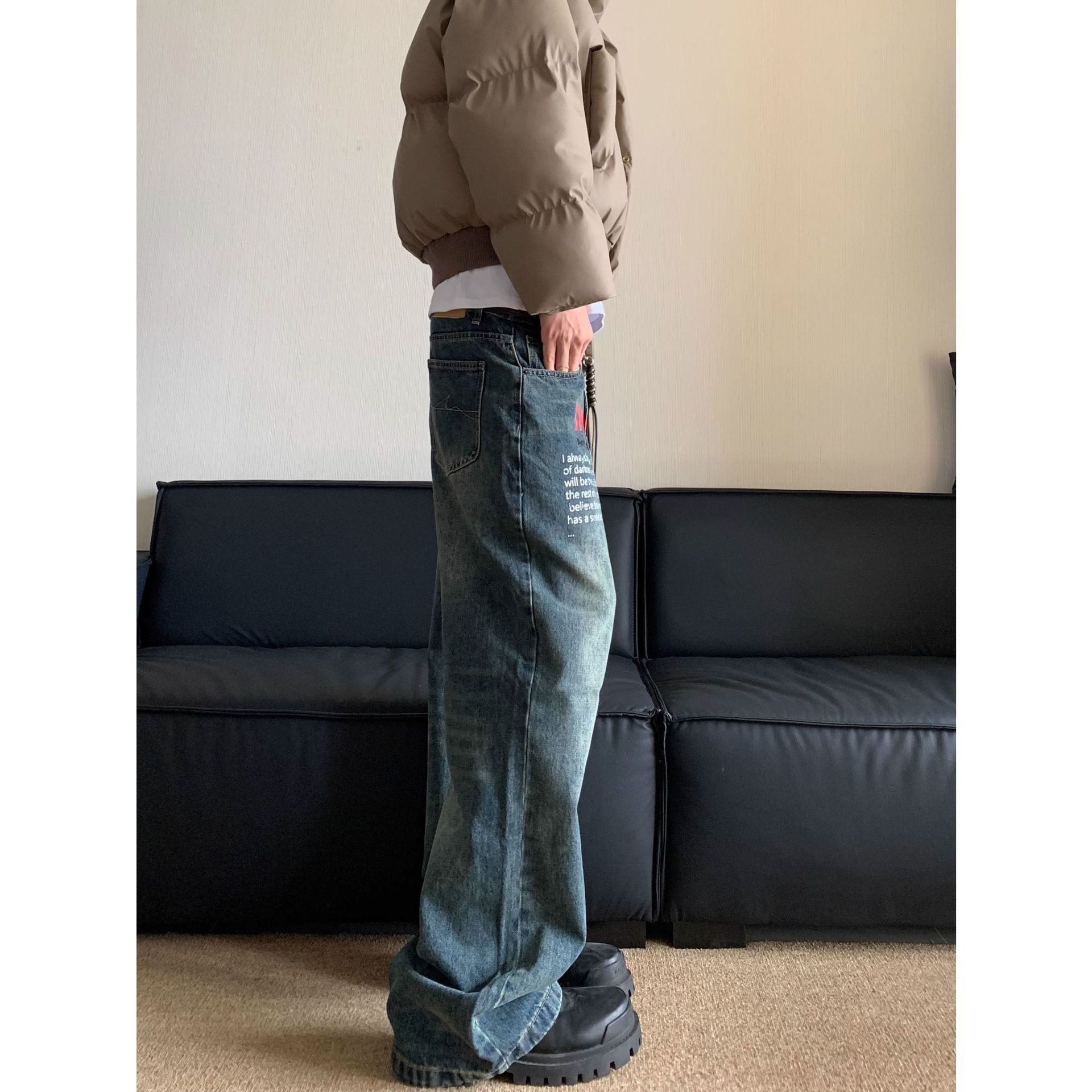 American Washed Vintage Printed Jeans Trendy Mens Spring New Style Loose Design Straight Leg Pants