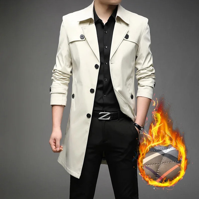Autumn Spring Winter High Quality Medium Long Trench Coat with Cotton Thickened Mens Suit Collar Young Casual Mens Wear 240822