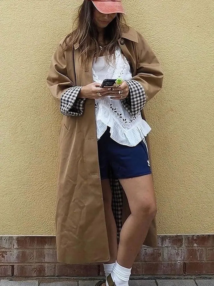 Retro Loose Long Trench Coat Women Classic Solid Single-Breasted Lapel Pockets Windbreaker Jacket Female Autumn Khaki Outwear 240822