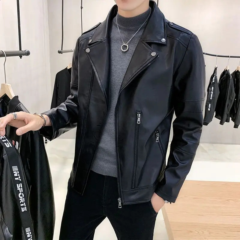 Bomber Leather Jacket Men Streetwear Lapel Motorcycle Jacket Zipper PU Leather Coat Vintage Black Pocket Jackets Men Clothing 240822