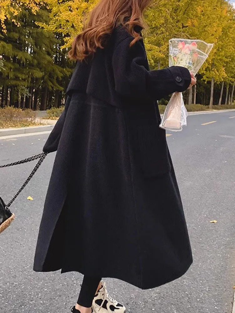 IEQJ Lace-up Spliced Knitting Slim Windbreaker For Women Elegant Thick Casual Solid Trench Coat Autumn Clothing 3WQ7458 240822