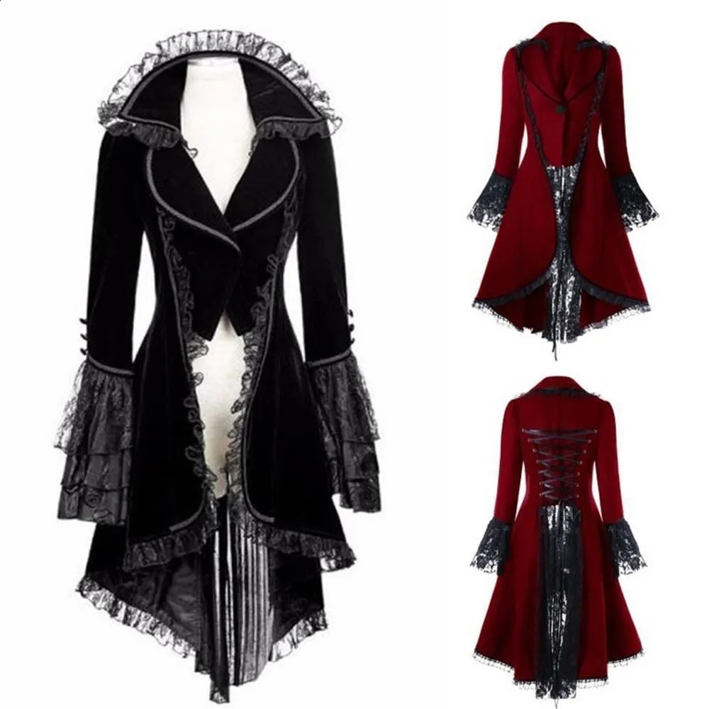 Womens lace decorative lace high coat black steampunk Victorian Gothic womens jacket medieval court dress plus size S-5XL 240823