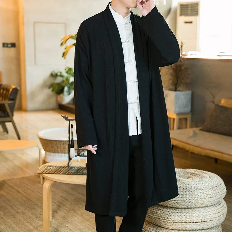 Chinese Style Mens Robe Cloak Loose Linen Cardigan Jacket Fashion Streetwear Solid Color Casual Loose Mid-length Trench Coat 240822